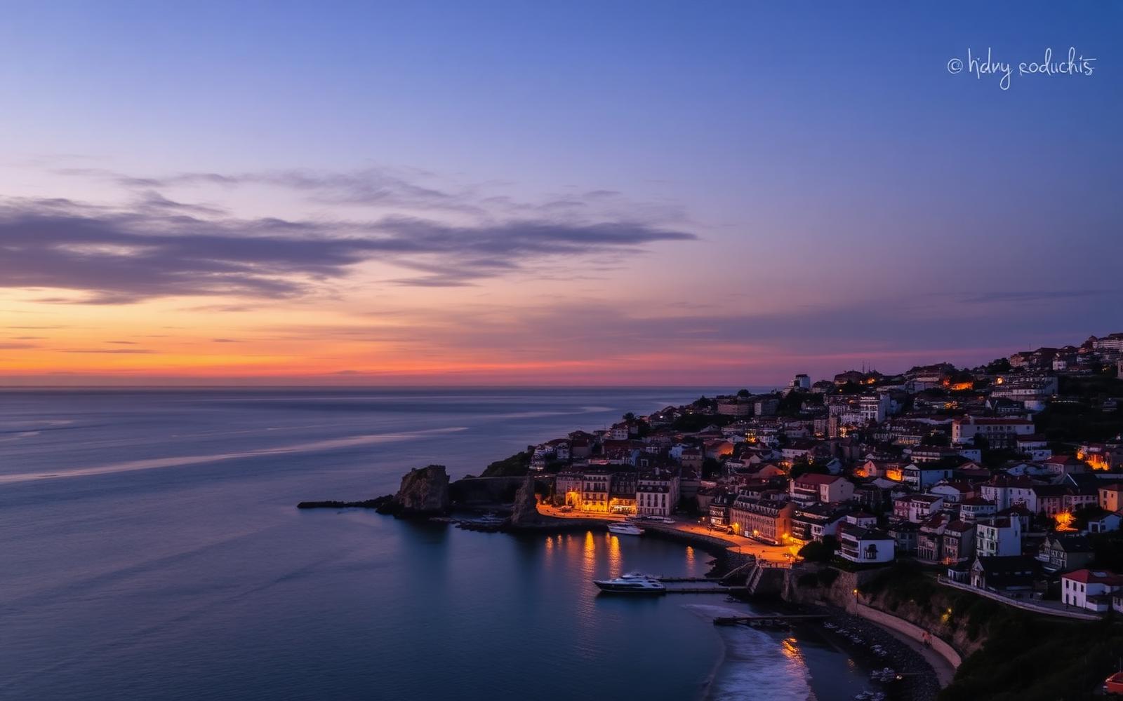 Vista de Cascais ao pôr do sol, com o Atlântico ao fundo